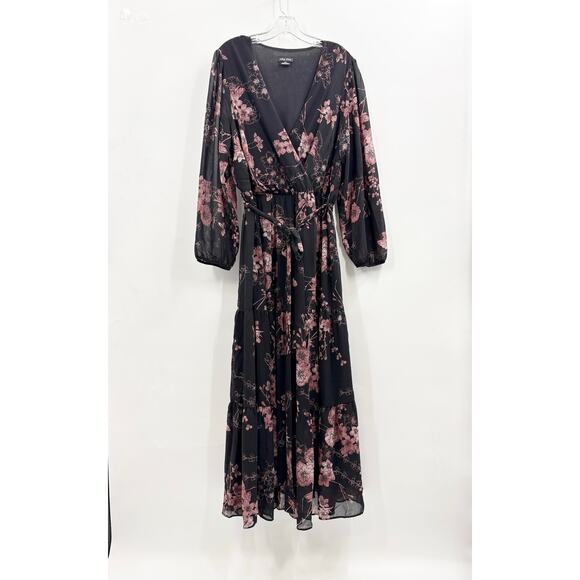 City Chic Bold Blossom Tiered Floral Maxi Dress Black Pink Size 16 - Picture 3 of 13